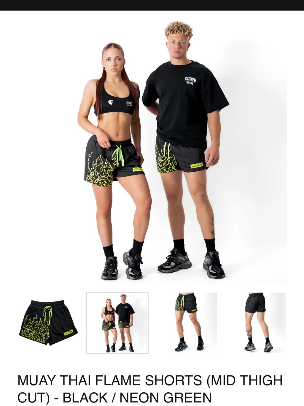 Kill Crew Muay Thai Flame Shorts (Mid Thigh Cut) - Black / Neon Green, Large — image 7 of 7